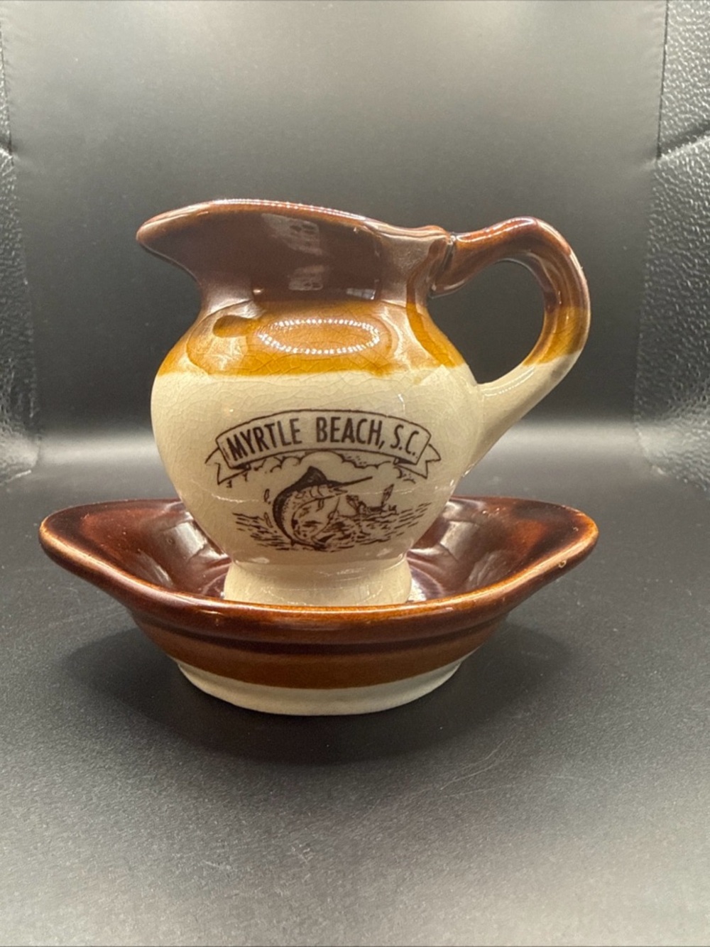 Carrib Vintage Myrtle Beach S.C. Ceramic Pitcher and Saucer Set -Brown/Beige